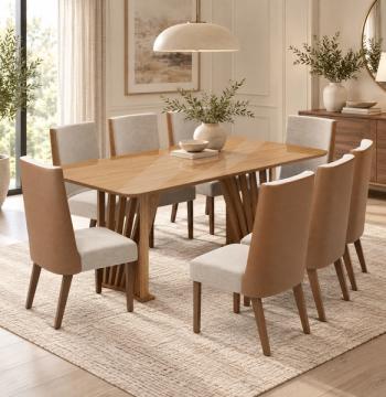CONJUNTO ADRIANA REDONDEADO CON VIDRIO 8 SILLAS MADERA ANNE NATURE| OFF WHITE| MADERA| CAR