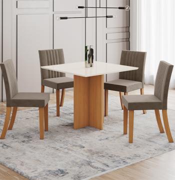 CONJUNTO COMEDOR LANA RECTO SIN VIDRIO 4 SILLAS LILY HENN CINAMOMO|OFF WHITE | MARRON ALME