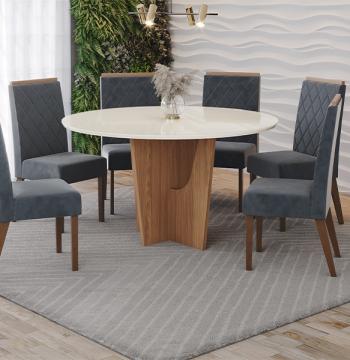 CONJUNTO COMEDOR VERTICE REDONDO 1400 CON VIDRIO 6 SILLAS MADERA NINA HENN NATURE|OFF WHIT
