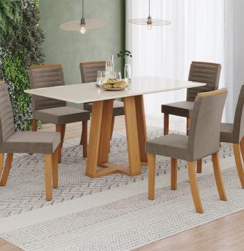 CONJUNTO COMEDOR LISA 160 RECTO CON VIDRIO 6 SILLAS THAINÁ CINAMOMO|OFF WHITE | MARRON ALM