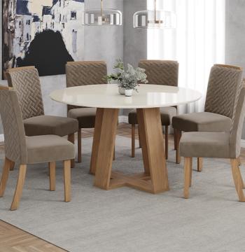 CONJUNTO COMEDOR LINS REDONDO 1400 6 SILLAS MALU HENN NATURE|OFF WHITE|NATURE MARRON ALMEN