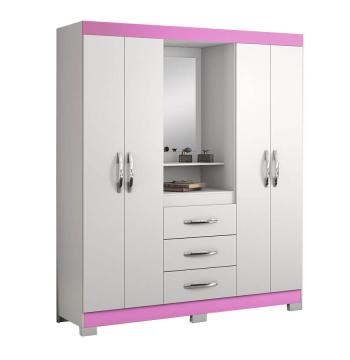 ROPERO 4 PUERTAS 3 CAJONES CON ESPEJO PUERTAS CAPELINHA NT5015 NOTAVEL BLANCO|ROSA
