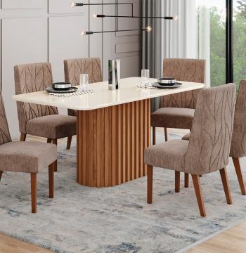 CONJUNTO COMEDOR 1800 CON VIDRIO SOLANA 6 SILLAS ELOA HENN NATURE | OFF WHITE | TAPIZADO C