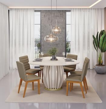 CONJUNTO COMEDOR CON VIDRIO REDONDO TOKYO 6 SILLAS SOFIA DJ OFF WHITE | MADERA LINHO BEGE
