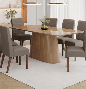 CONJUNTO COMEDOR 2000 ARREDONDADO CON VIDRIO OLIVIA 8 SILLAS MADERA NINA HENN NATURE | TEL