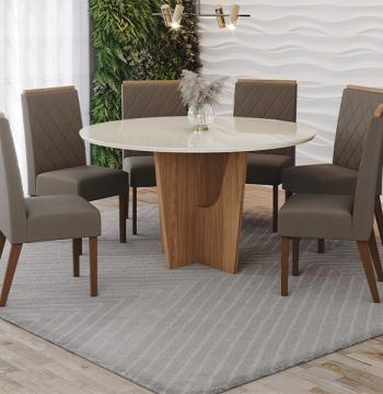 CONJUNTO COMEDOR REDONDO 1400 ARREDONDADO CON VIDRIO VERTICE 6 SILLAS MADERA NINA HENN OFF