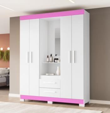 ROPERO 4 PUERTAS 2 CAJONES CON ESPEJO CAPELINHA NT6055 NOTAVEL BLANCO|ROSA FLEX