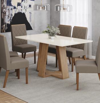 CONJUNTO COMEDOR 160 RECTO CON VIDRIO LINS 6 SILLAS NINA HENN OFF WHITE | TELA MARRON ALME