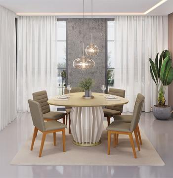 CONJUNTO COMEDOR CON VIDRIO REDONDO TOKYO 6 SILLAS SOFIA DJ OFF WHITE DOURADO | MADERA LIN