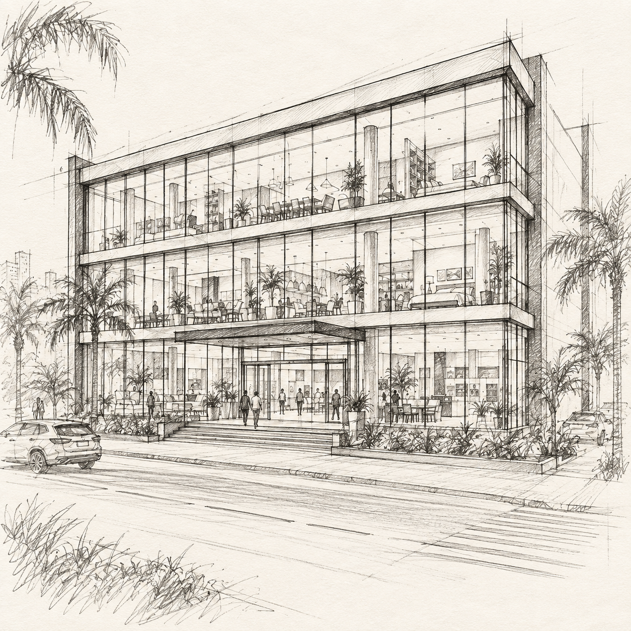 Boceto arquitectónico a lápiz de una tienda con fachada de vidrio