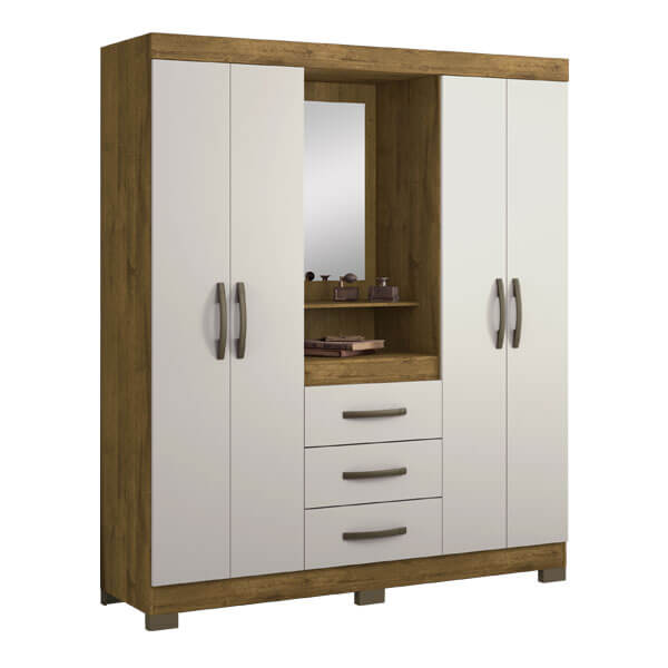 ROPERO 4 PUERTAS 3 CAJONES CON ESPEJO CAPELINHA NT5015 NOTAVEL RÚSTICO|OFF WHITE