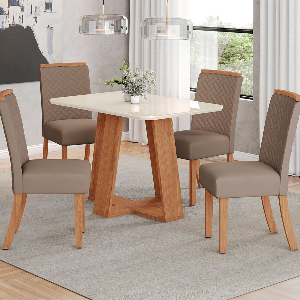 CONJUNTO COMEDOR 1200 CON VIDRIO LINS 120 4 SILLAS MALU HENN NATURE | OFF WHITE | TAPIZADO MARRON ALMENDRA