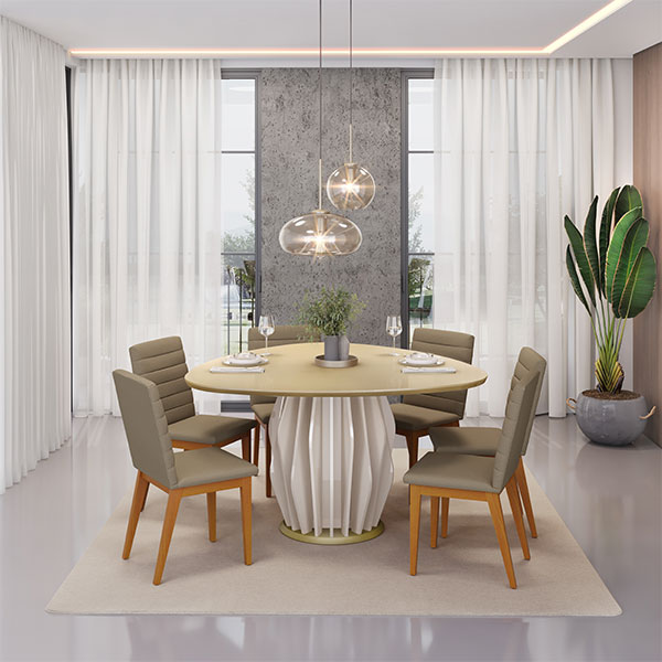 CONJUNTO COMEDOR CON VIDRIO REDONDO TOKYO 6 SILLAS SOFIA DJ OFF WHITE DORADO | MADERA LINHO BEGE