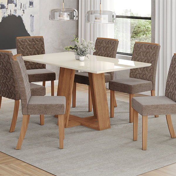 CONJUNTO COMEDOR 1600 CON VIDRIO LINS 6 SILLAS ESTHER HENN OFF WHITE | TELA CACAO