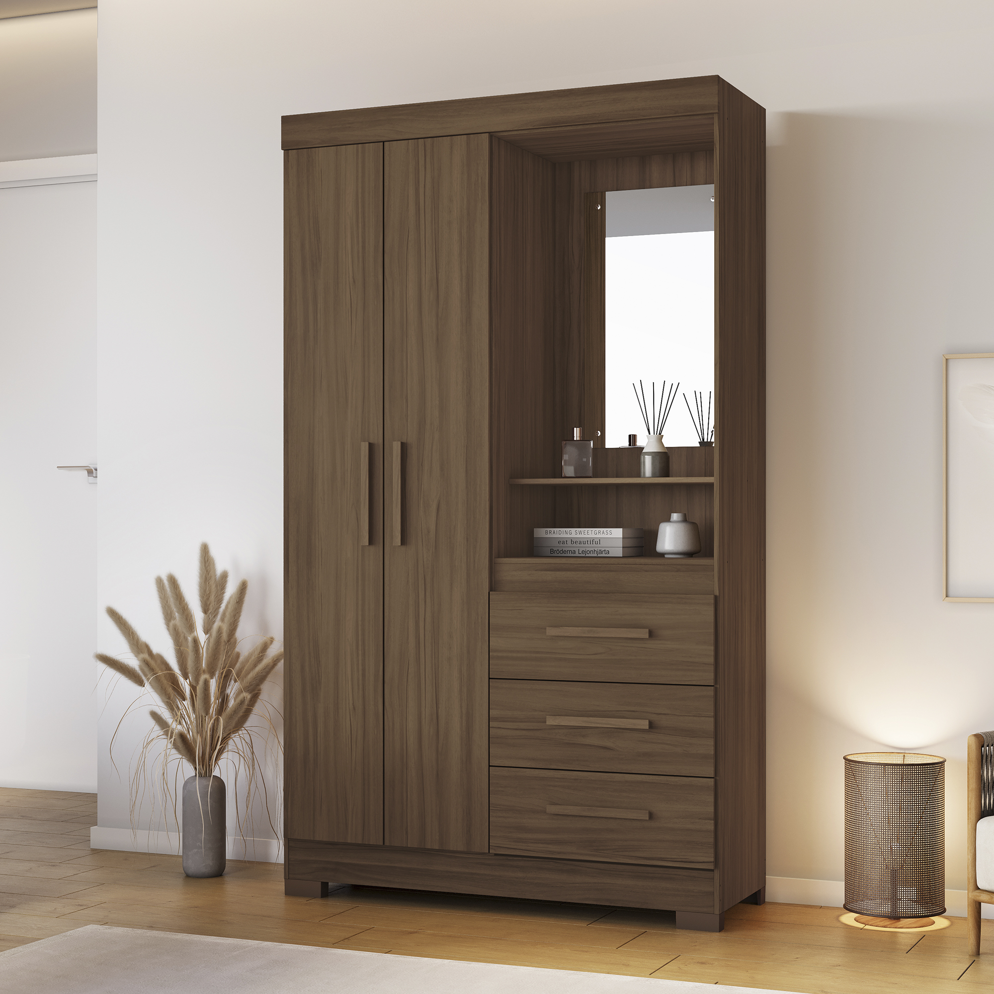 ROPERO 2 PUERTAS 3 CAJONES CON ESPEJO NT6020 NOTAVEL NOGAL TREND